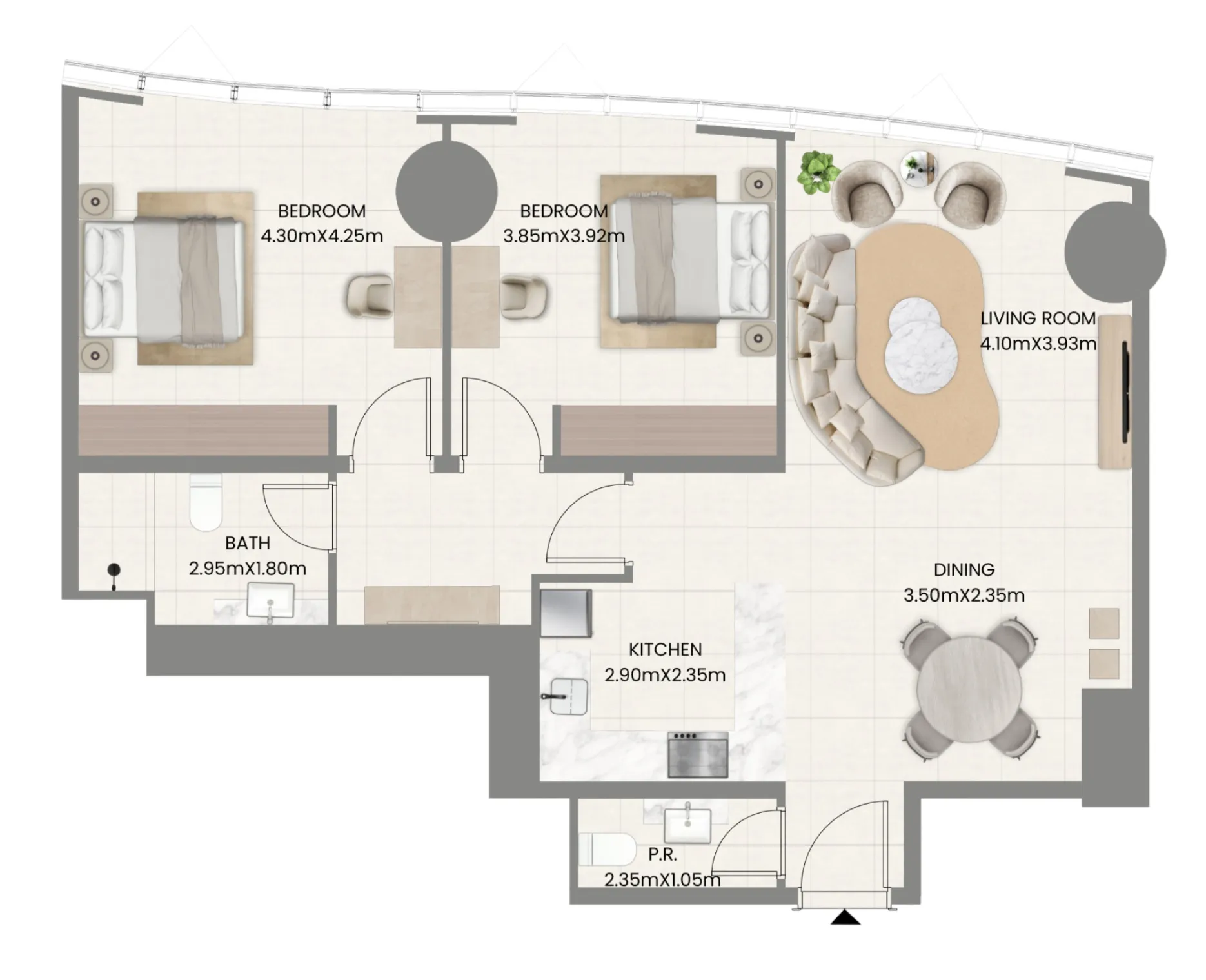 Leaf Tower 2 bed floor plan, 962 sqft