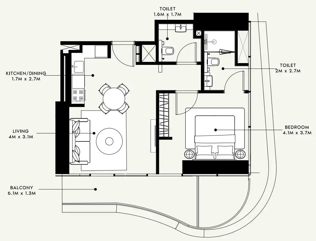Azizi Milan 1 bed floor plan, 712 – 714 sqft