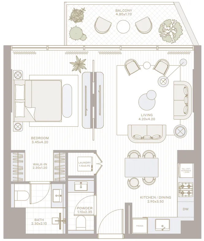 Park Five 1 bed floor plan, 769 sqft