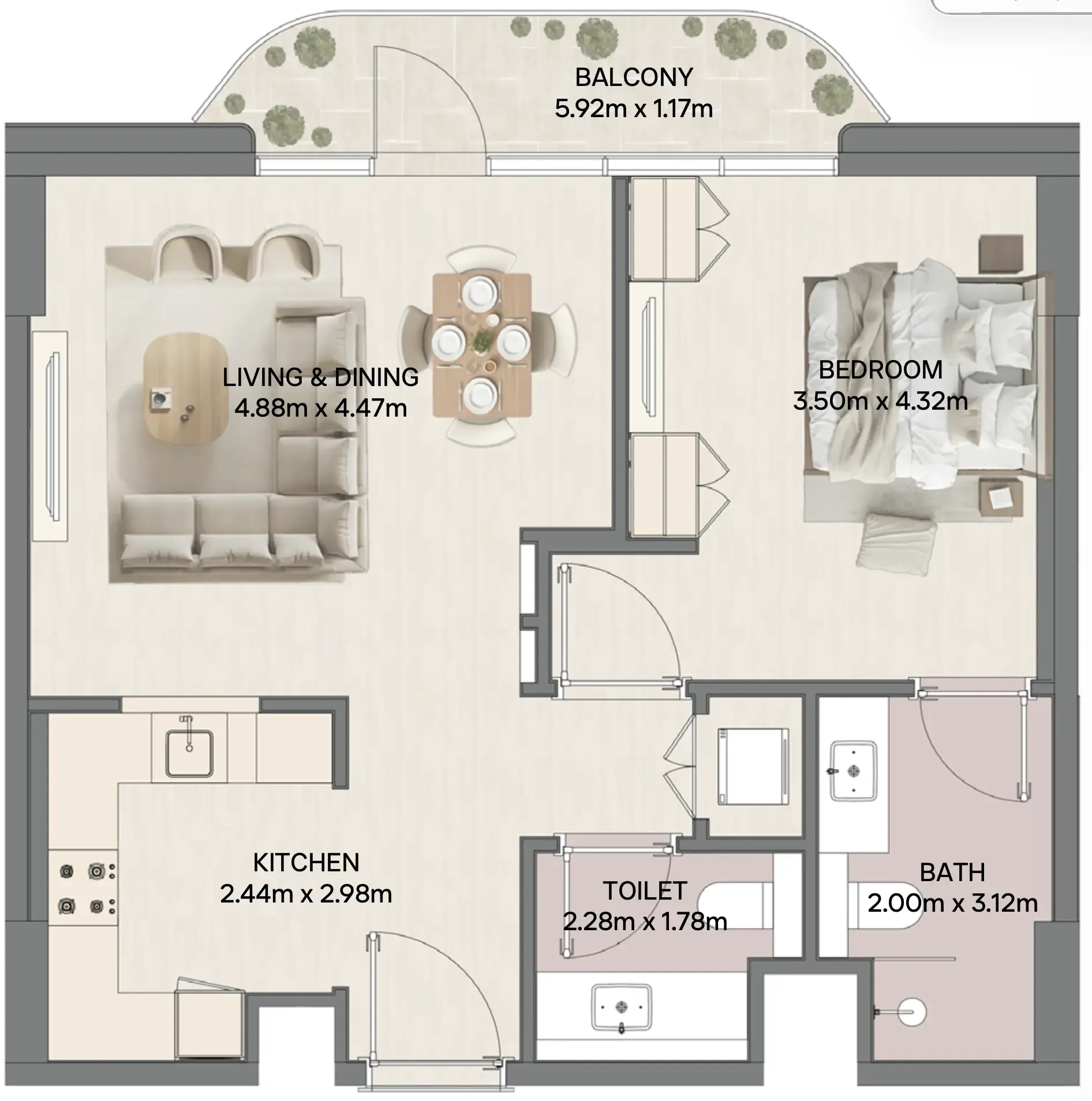Mirasol II 1 bed floor plan, 805 – 810 sqft