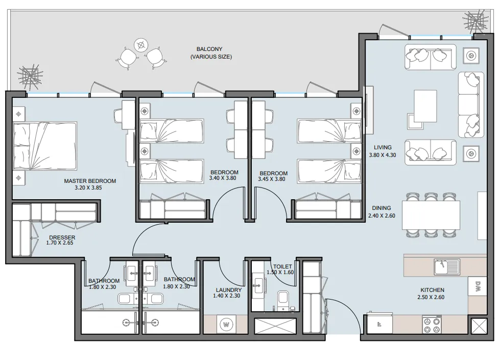 The District 3 bed floor plan, 1,462 sqft