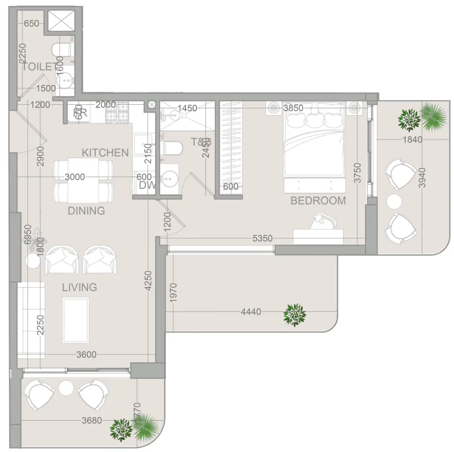 TETR1S Tower 1 bed floor plan, 833 sqft