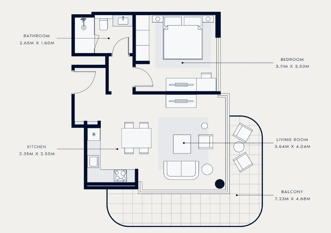 Azizi Venice 1 bed floor plan, 764 sqft