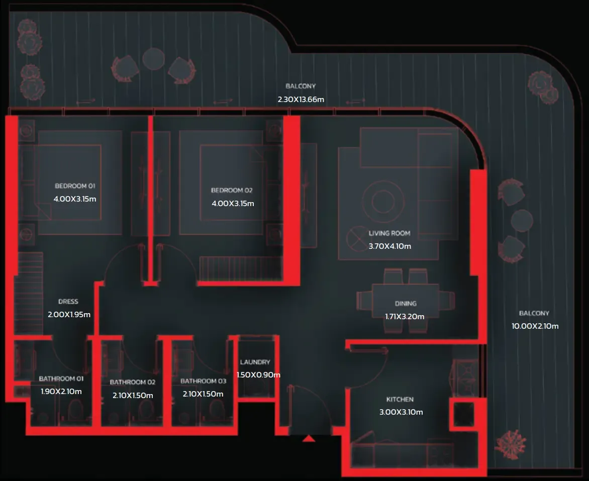 Tonino Lamborghini Residences by BNW Developments 2 bed floor plan, 1,386 – 1,893 sqft