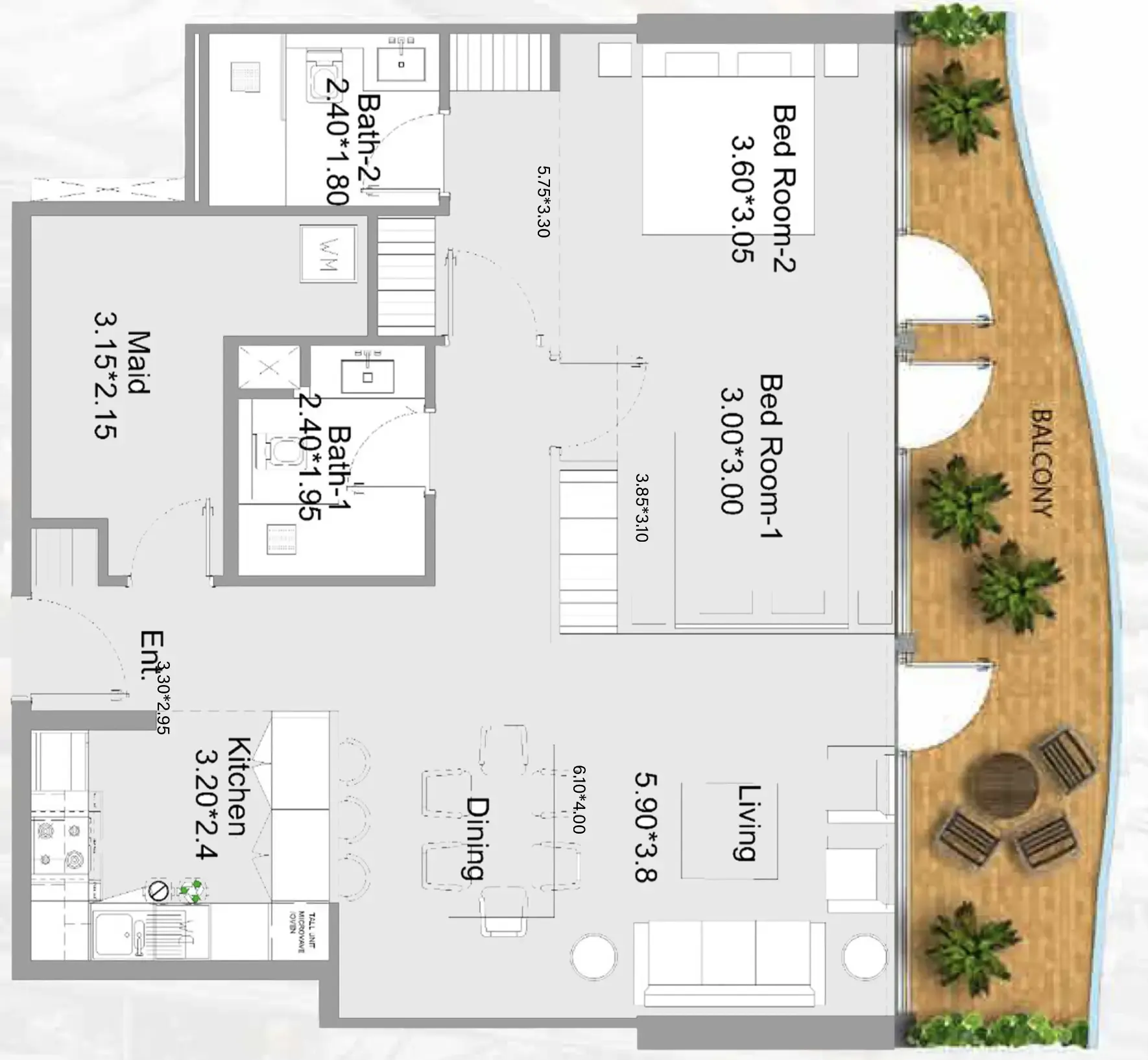 311 Boulevard 2 bed floor plan, 1,205 sqft