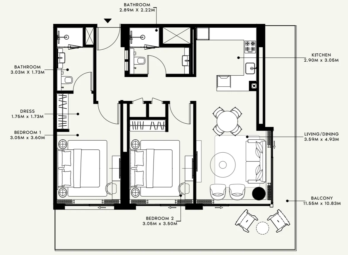 Azizi Venice 2 bed floor plan, 1,309 sqft