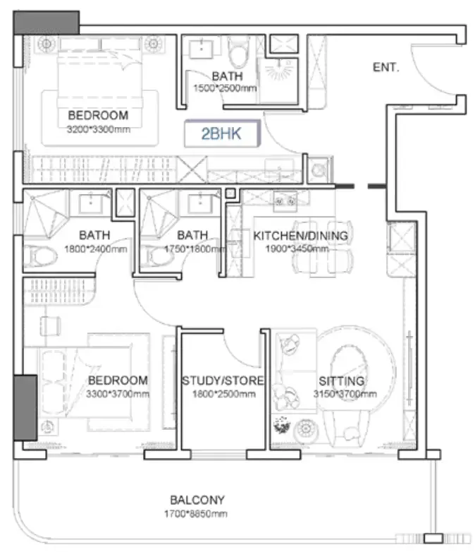 Listone Residence 2 bed floor plan, 1,013 – 1,526 sqft
