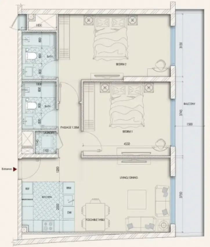 Enaya Residences 2 bed floor plan, 1,143 – 1,144 sqft