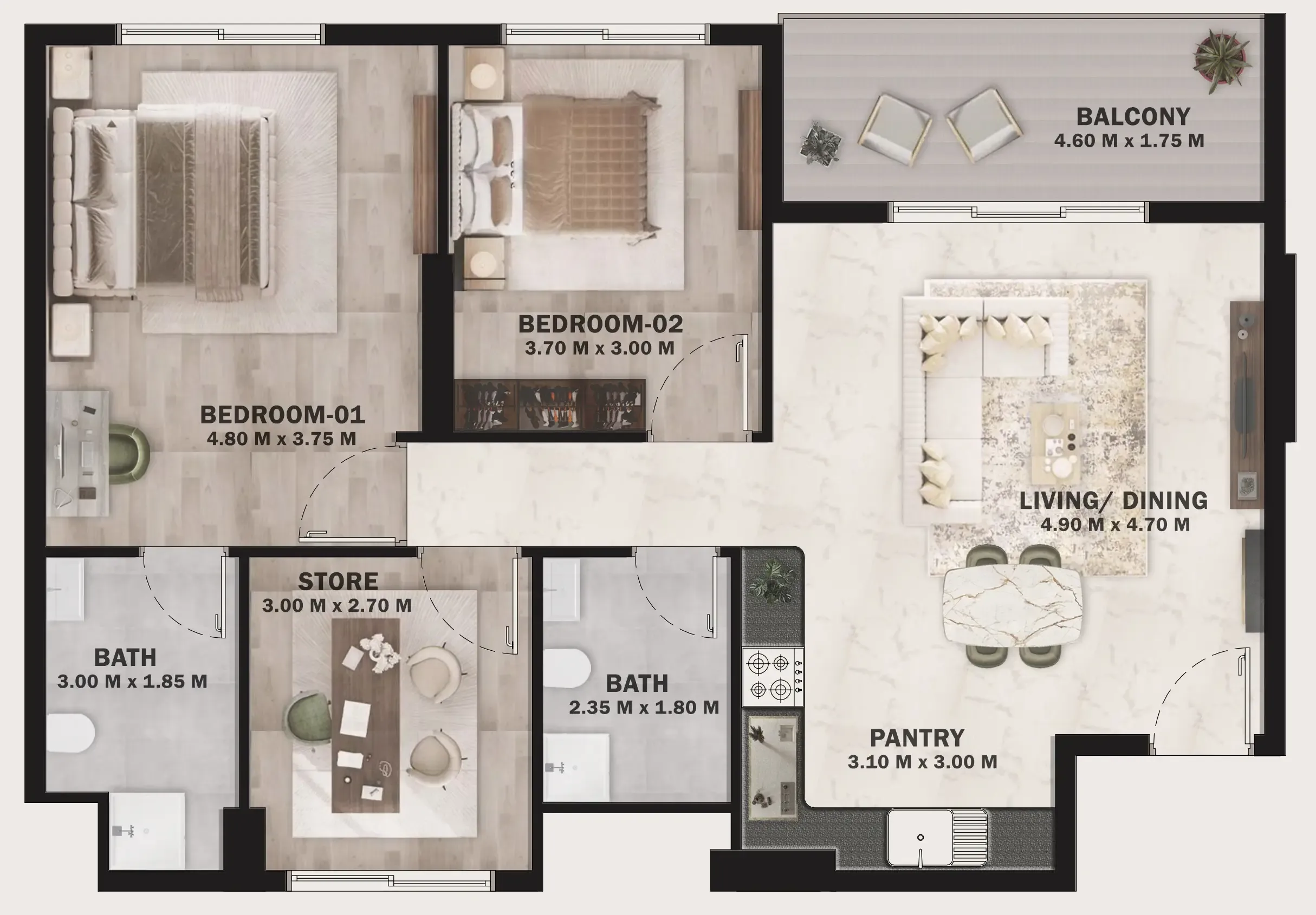 VOI Residence 2 bed floor plan, 995 sqft