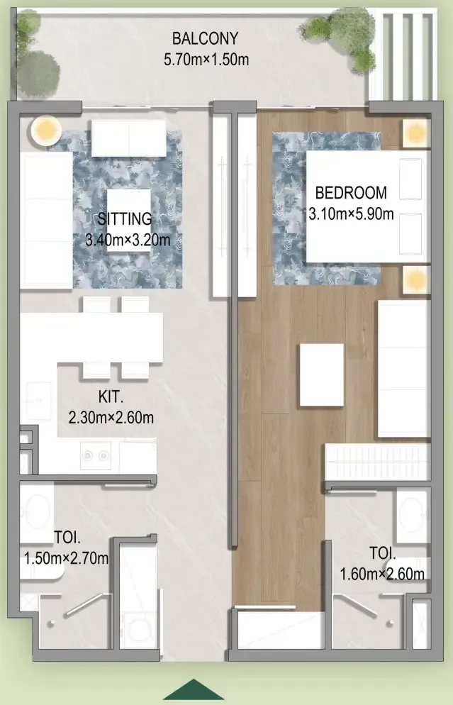 Oasis Residences 1 bed floor plan, 728 – 731 sqft