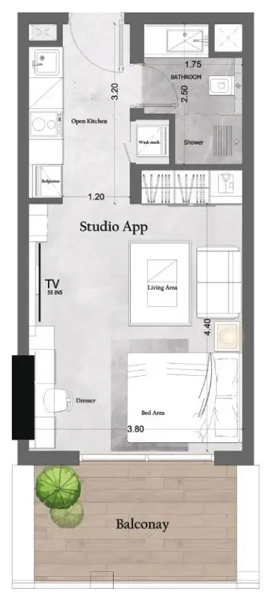Saray Prime Residence Studio floor plan, 416 sqft