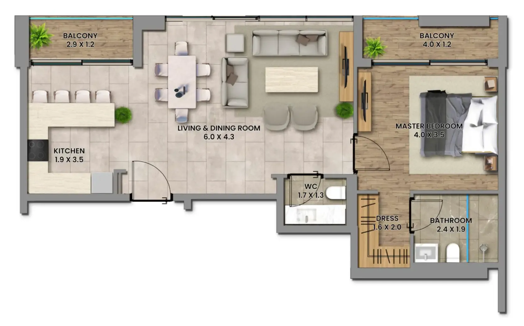 Elemental 78 1 bed floor plan, 856 sqft