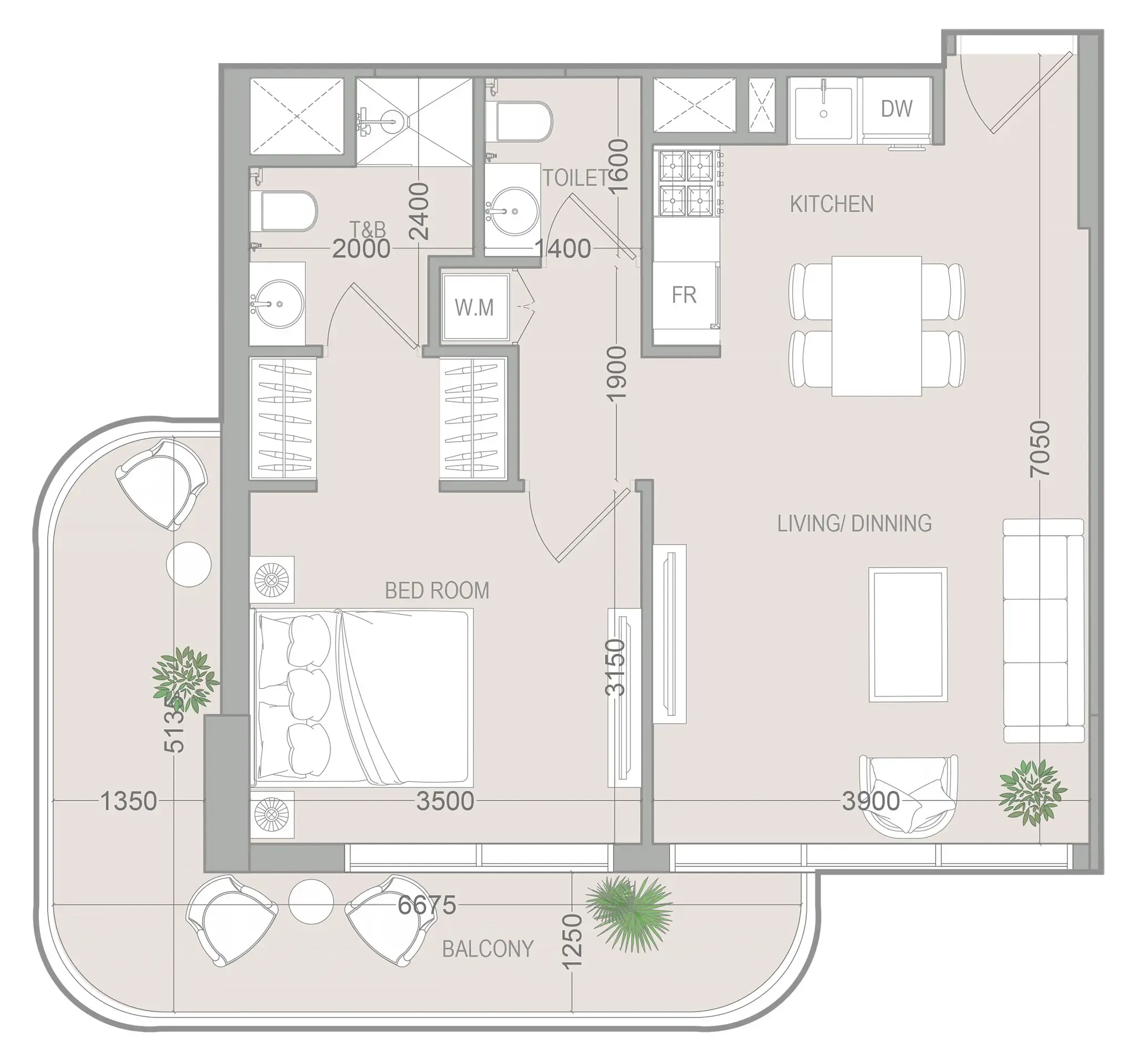 VERDAN1A 5 1 bed floor plan, 737 sqft
