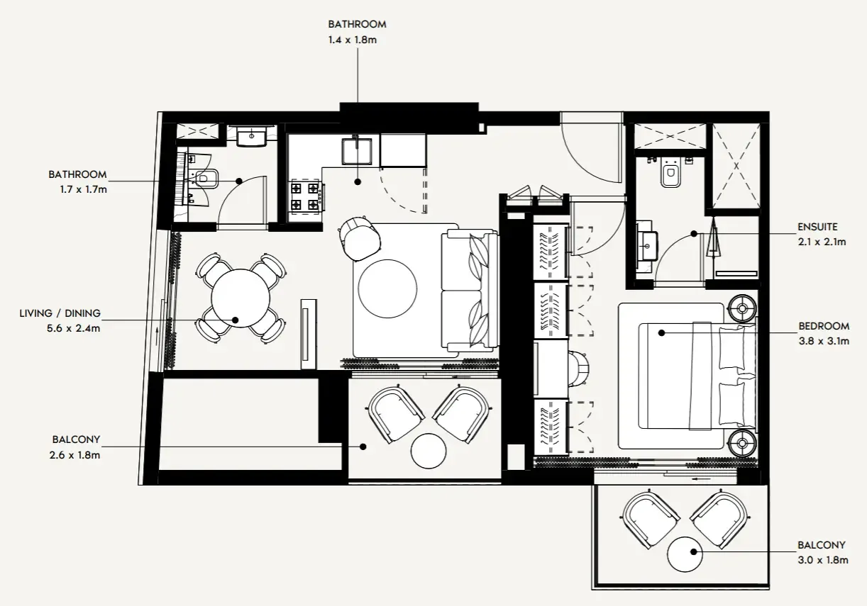 Azizi Noura 1 bed floor plan, 665 sqft