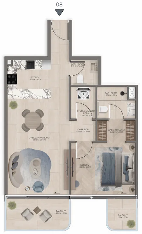 Meriden Beach Residences 1 bed floor plan, 857 sqft
