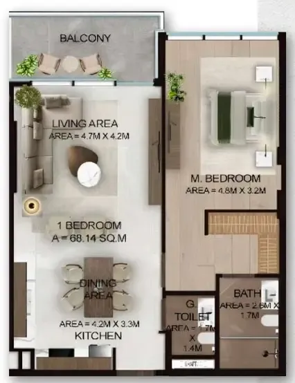 Cresswell Plaza 1 bed floor plan, 807 sqft