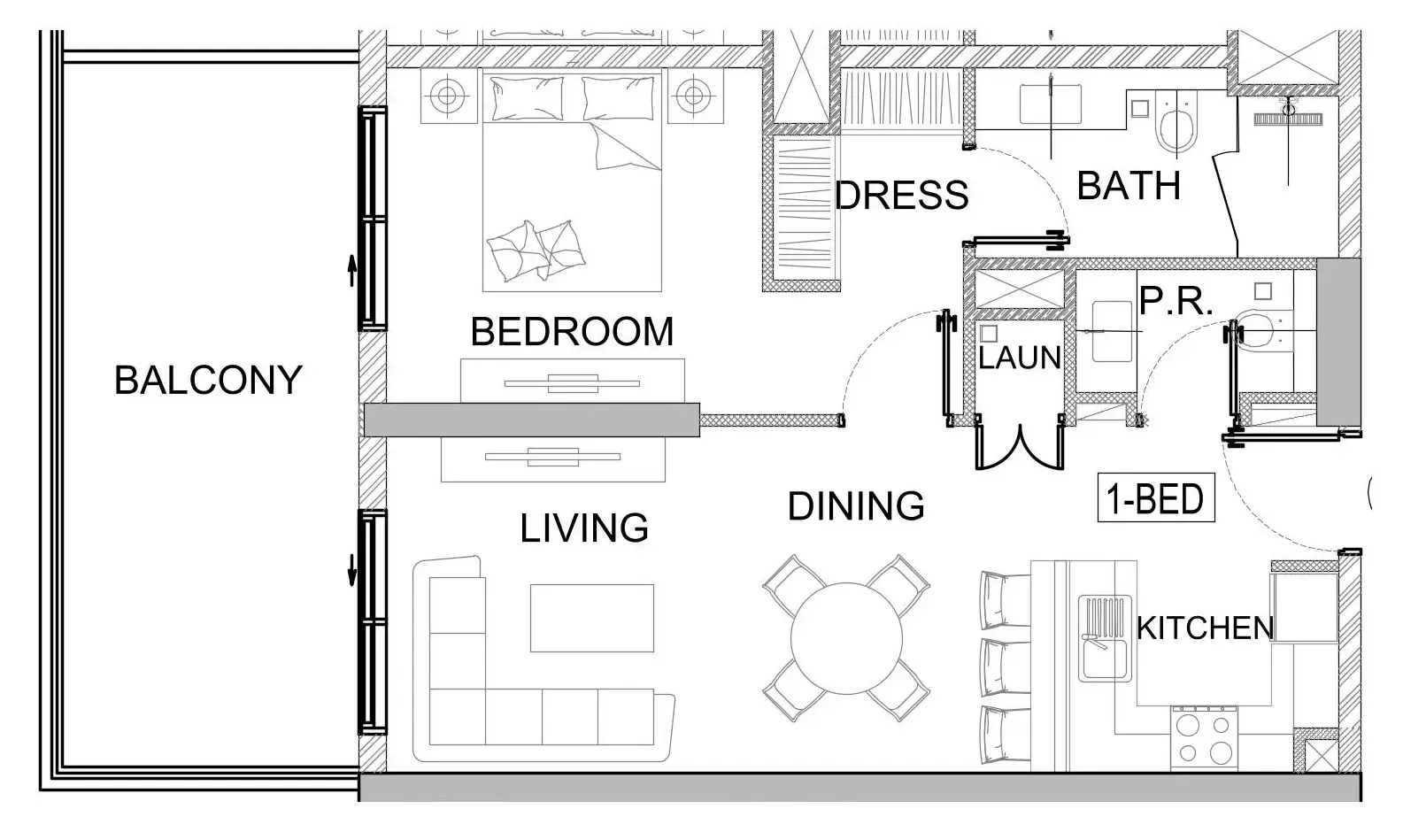 Valencia 1 bed floor plan, 800 sqft