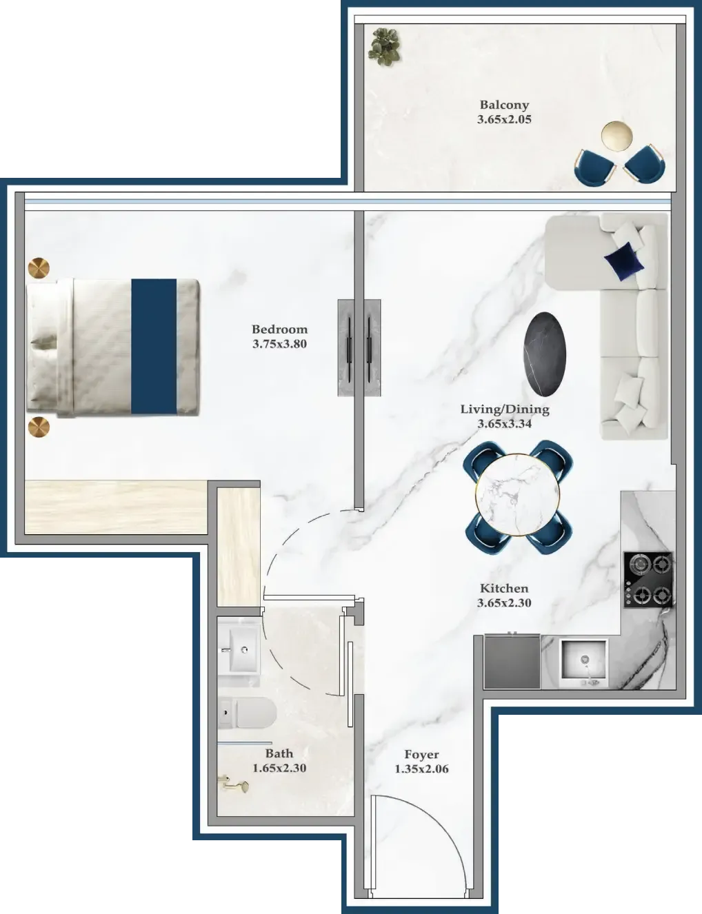 Serenz 1 bed floor plan, 541 sqft