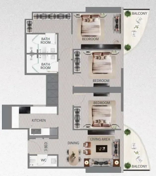 Maybach 6 3 bed floor plan, 1,284 – 1,333 sqft