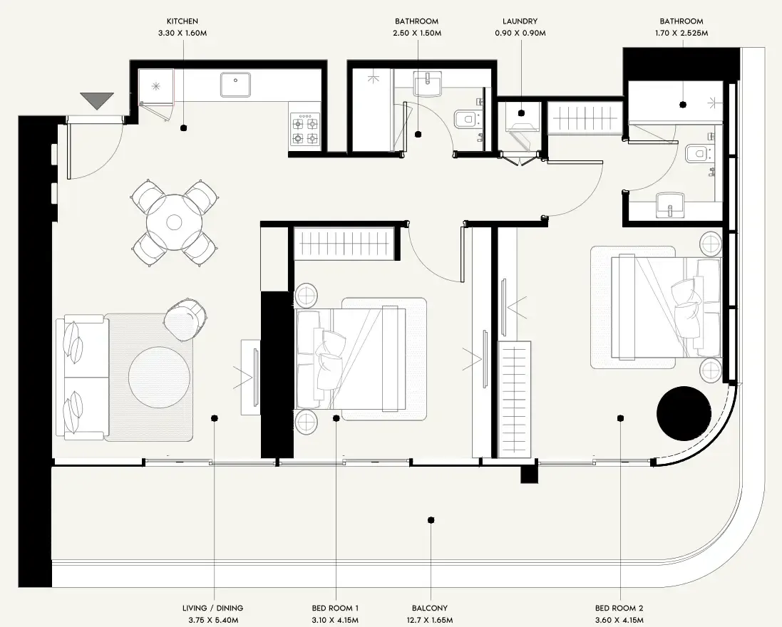 Azizi Milan 2 bed floor plan, 1,160 sqft