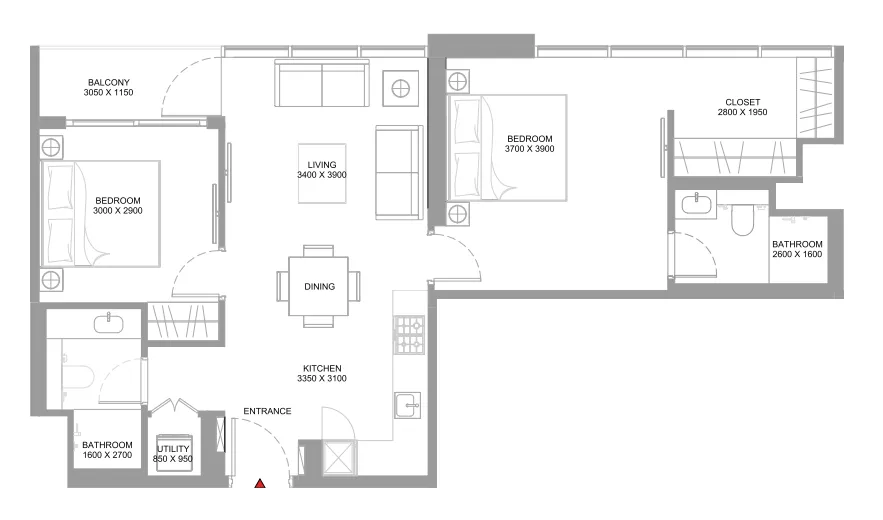 Coastline Beach Residences 2 bed floor plan, 839 – 840 sqft