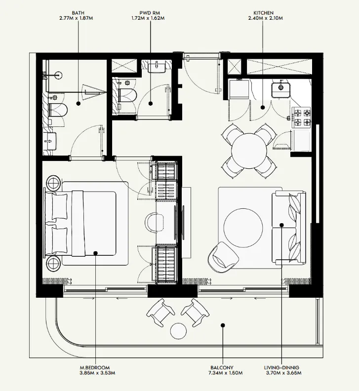 Azizi Venice 1 bed floor plan, 689 sqft