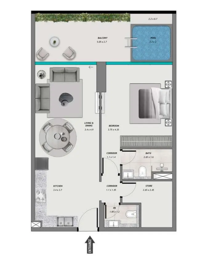 Samana Resorts 1 bed floor plan, 919 sqft