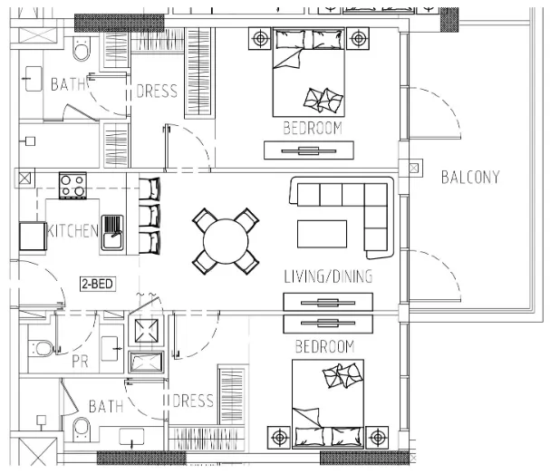 Damac Riverside Views 2 bed floor plan, 1,098 sqft