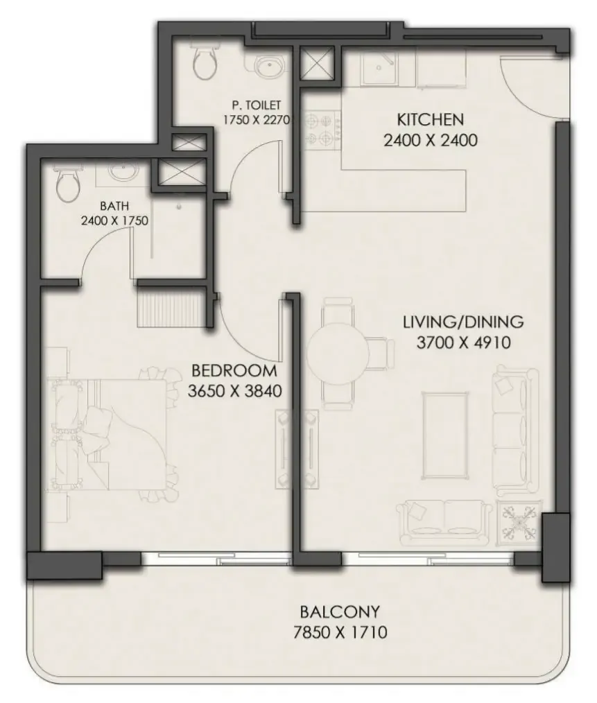 Park Residency 1 bed floor plan, 722 sqft