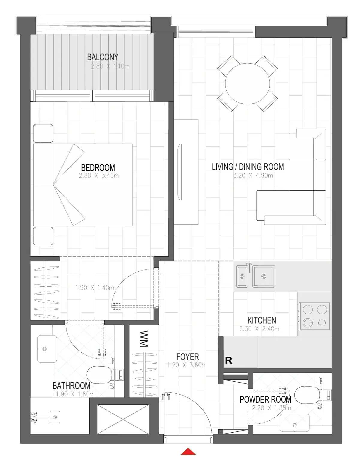 Olfah 1 bed floor plan, 602 sqft