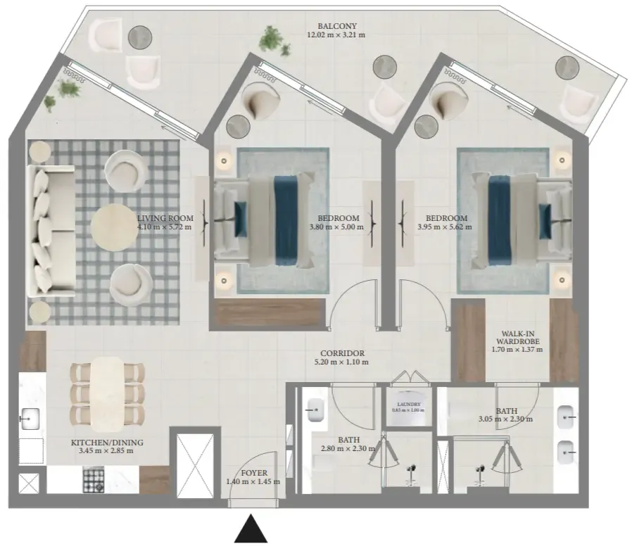 Fior 1 2 bed floor plan, 1,345 sqft