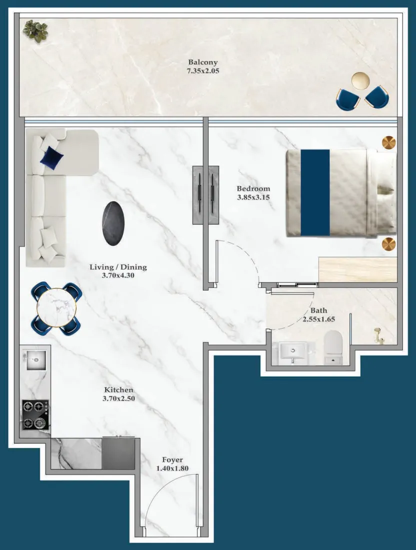 Timez 1 bed floor plan, 563 – 626 sqft