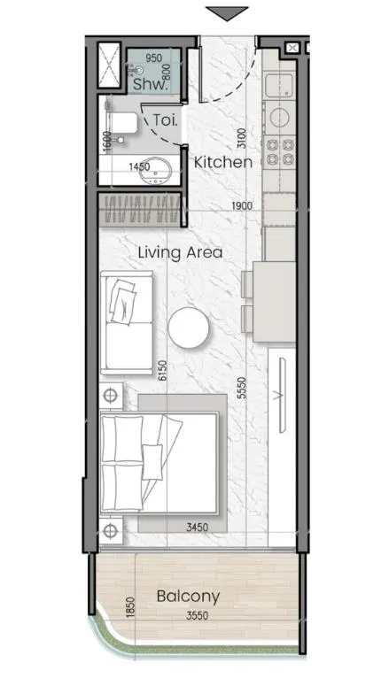 I'Sola Bella Studio floor plan, 411 sqft