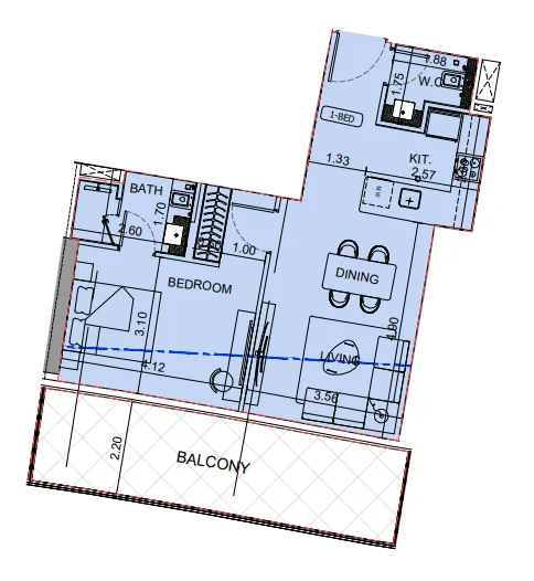 Binghatti Aquarise 1 bed floor plan, 835 sqft