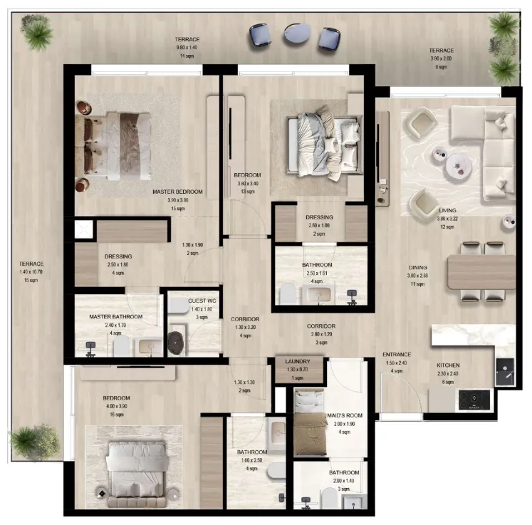 Manchester City Yas Residences by Ohana – Phase 1 3 bed floor plan, 1,862 – 1,938 sqft