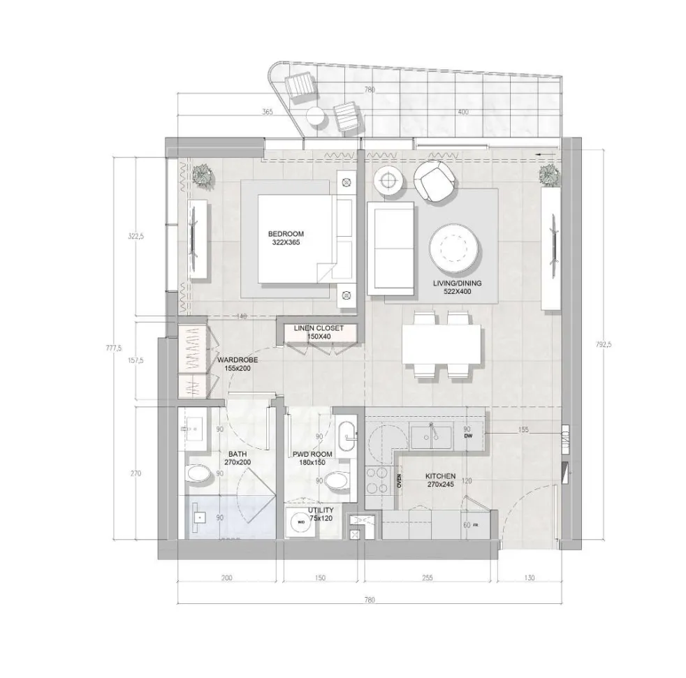 Solera Downtown Mina 1 bed floor plan, 793 sqft