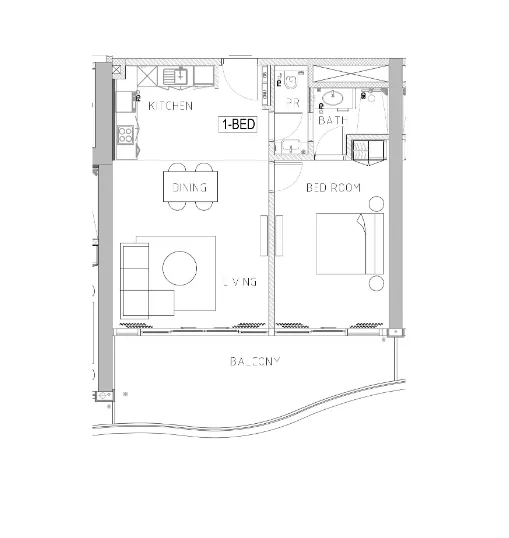 Chic Tower 1 bed floor plan, 945 sqft