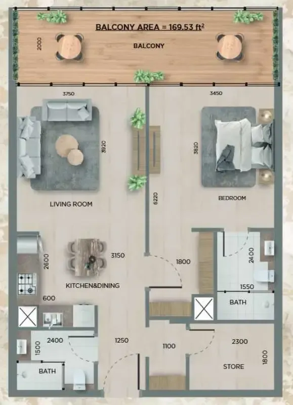 368 Park Ln. 1 bed floor plan, 794 – 832 sqft