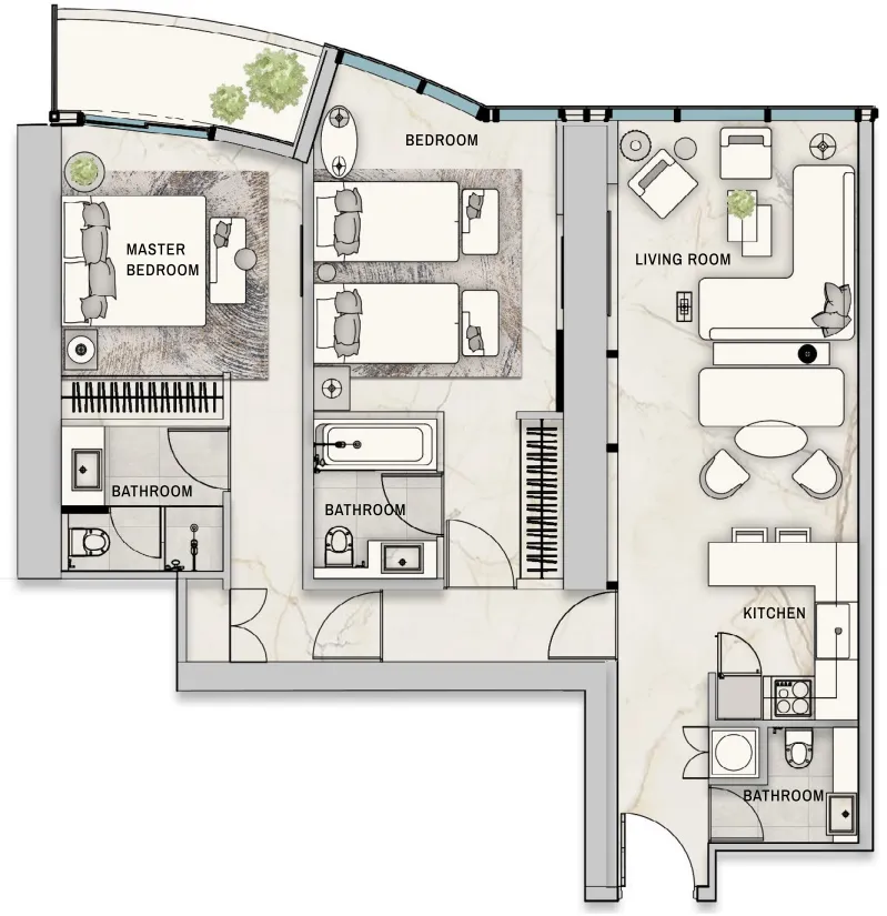 The Biltmore Residences Sufouh 2 bed floor plan, 1,107 sqft