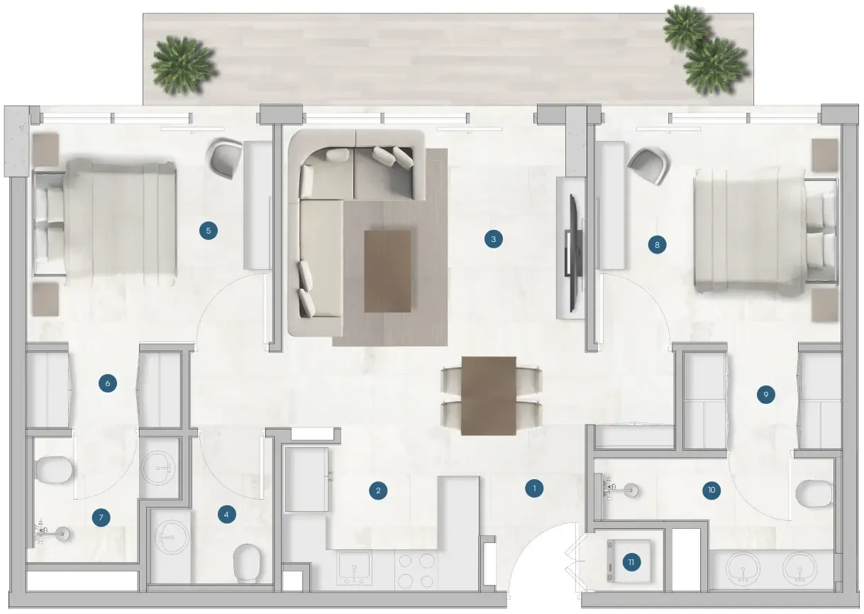 Sola Residences 2 bed floor plan, 1,178 – 1,373 sqft