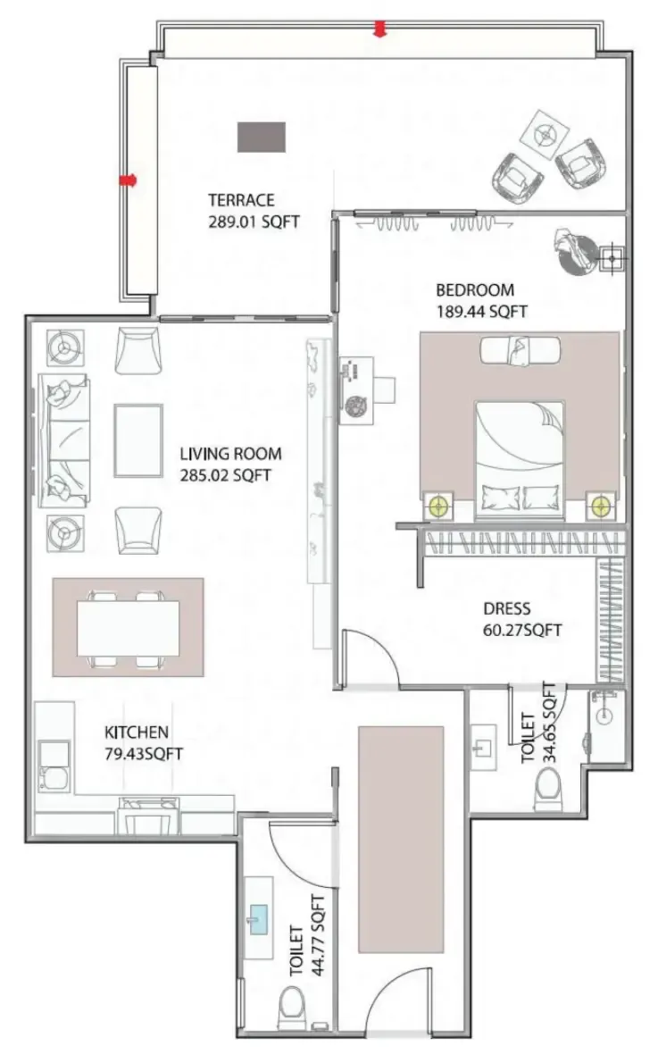 Ajman Creek Towers 1 bed floor plan, 1,497 sqft