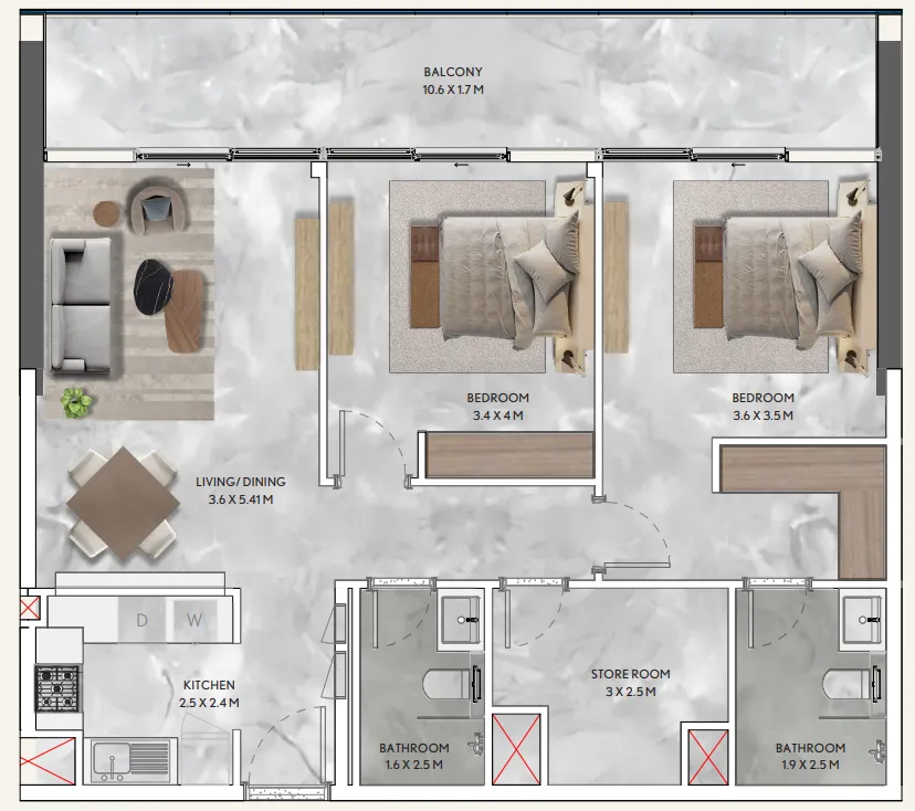 California Residences 2 bed floor plan, 1,154 – 1,155 sqft
