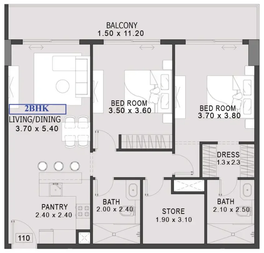 One By Preston 2 bed floor plan, 1,166 sqft