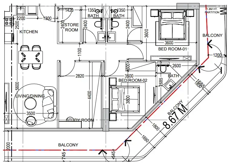 Al Haseen Residences 6 2 bed floor plan, 1,448 sqft