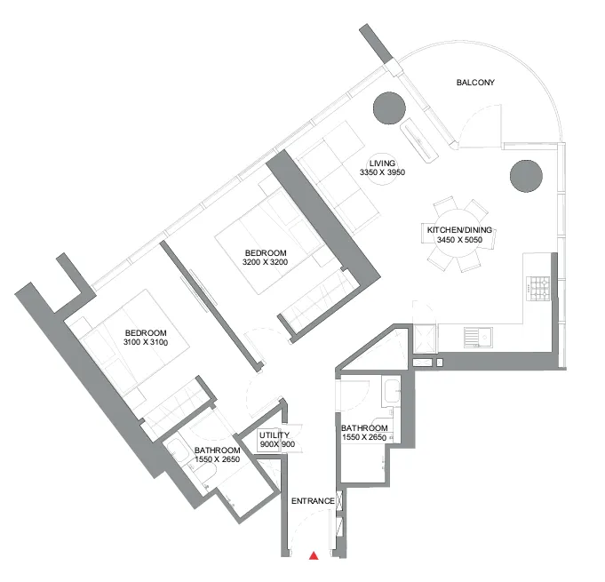 Sobha Orbis 2 bed floor plan, 990 – 992 sqft