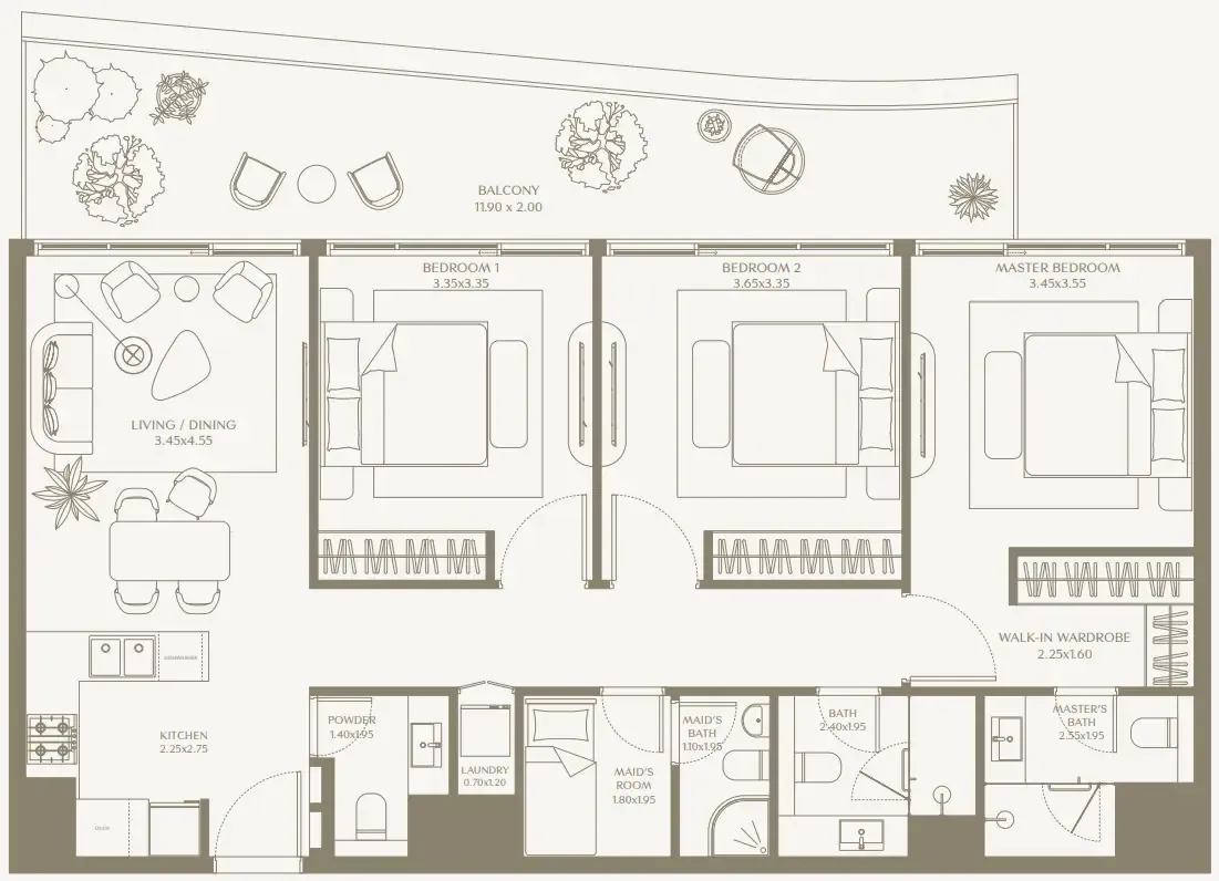 AYA Beachfront Residences 3 bed floor plan, 1,422 – 1,437 sqft