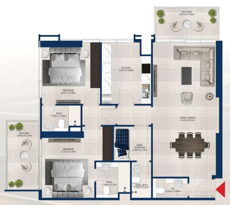 Al Vista 2 bed floor plan, 1,330 sqft