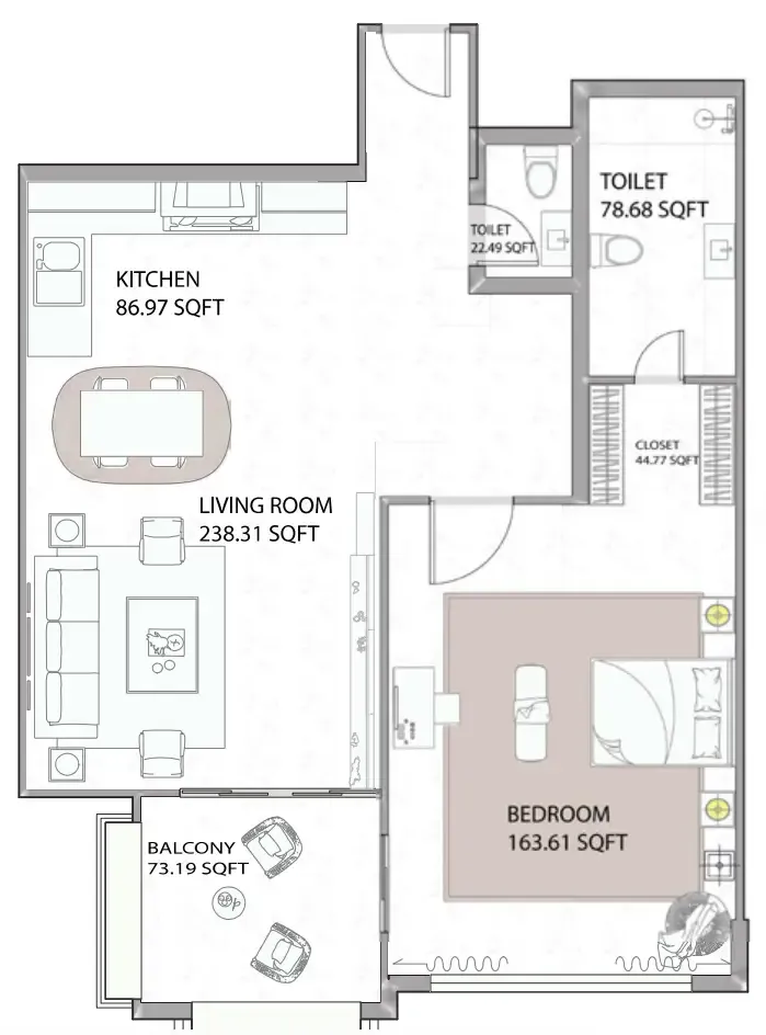 Ajman Creek Towers 1 bed floor plan, 1,148 sqft