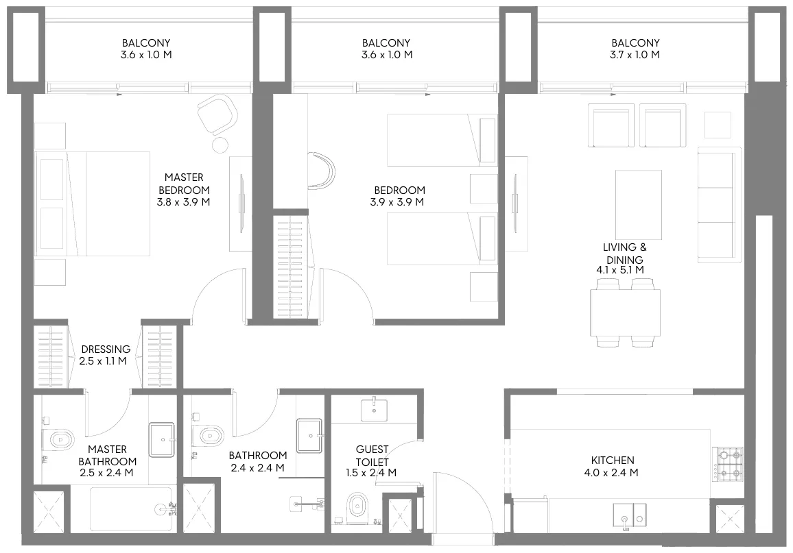 Jenna 1 2 bed floor plan, 1,228 – 1,254 sqft
