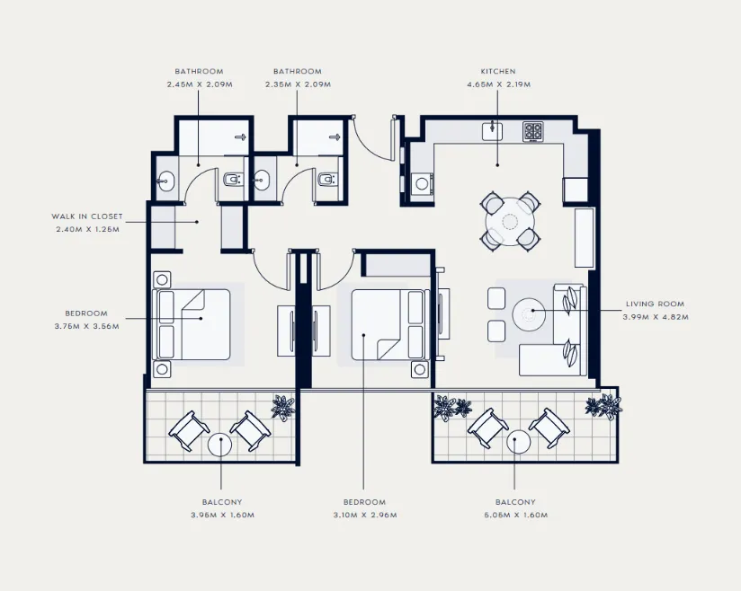 Azizi Venice 2 bed floor plan, 1,065 sqft